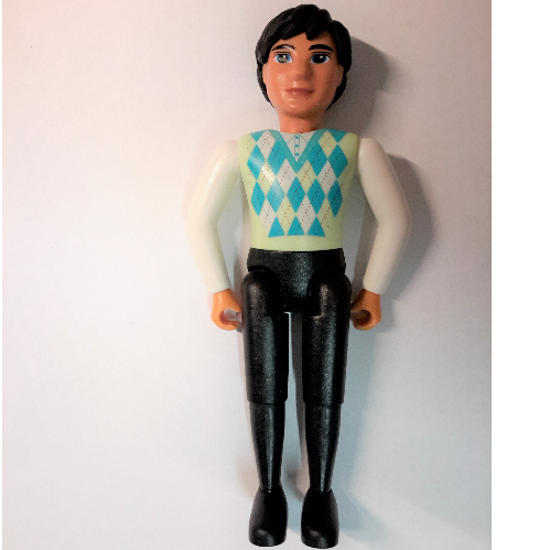 Belville Figure Fixed Elbows, Male, Black Hair, Black Legs, White Arms, Light Lime, Sky Blue, and White Argyle Top Light Lime