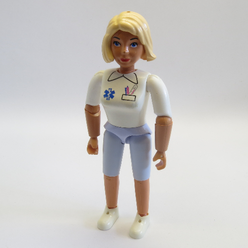 Belville Figure Articulated Elbows, Female, Light Yellow Hair, Light Blue Shorts, White Shirt with EMT Star of Life Print (Medic) Nougat