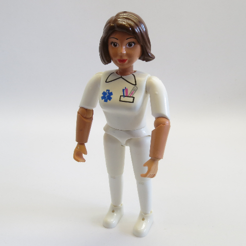 Belville Figure Articulated Elbows, Female, Brown Hair, White Pants, White Shirt with EMT Star of Life Print (Medic) White