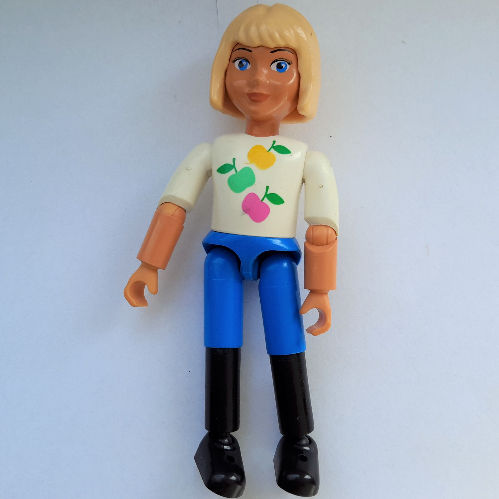 Belville Figure Articulated Elbows, Child, Female, Light Yellow Hair, Blue Legs, Black Boots, White Top with Apples Print [No Color/Any Color]