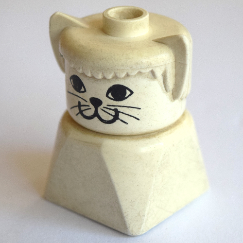 Duplo 2 × 2 × 2 Figure Brick Early, Cat, White Head, White Hair with Ears, Cat Face Print Weiß