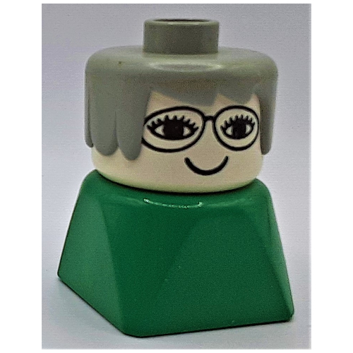 Duplo 2 × 2 × 2 Figure Brick Early, Long Swept Hair Light Gray, Glasses Print Grün