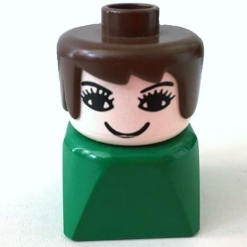 Duplo 2 × 2 × 2 Figure Brick Early, Long Swept Hair Brown, Eyelashes Print Grün