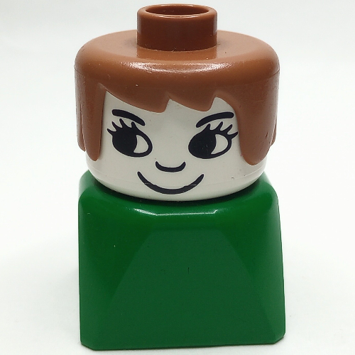 Duplo 2 × 2 × 2 Figure Brick Early, Long Swept Hair Fabuland Brown, Eyelashes Print Green