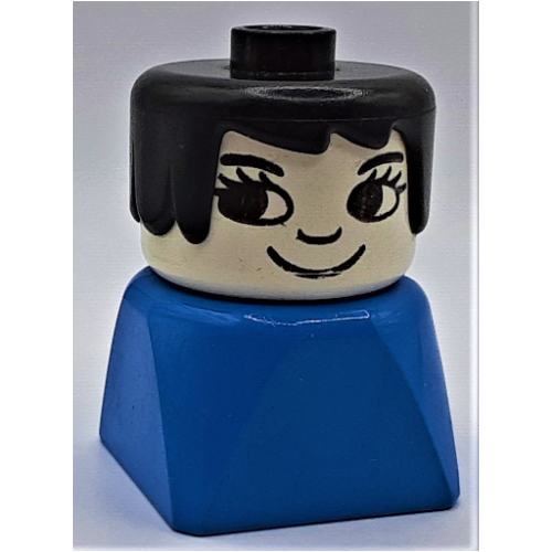Duplo 2 × 2 × 2 Figure Brick Early, Long Swept Hair Black, Eyelashes, Looking Right Print Blue