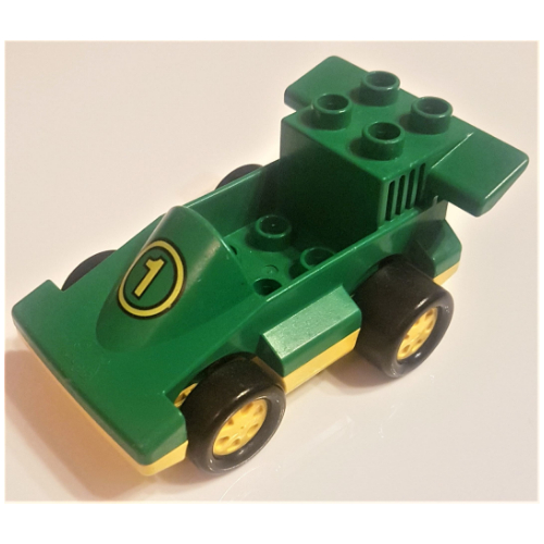 Duplo Car Formula One with Yellow Base and Yellow Number 1 Print Green