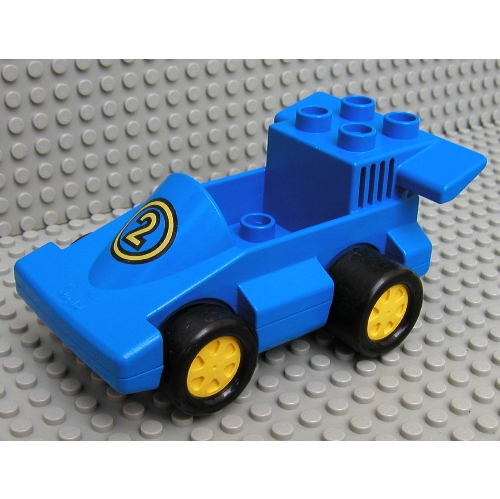 Duplo Car Formula One with Blue Bottom and Yellow Number 2 Print Rot