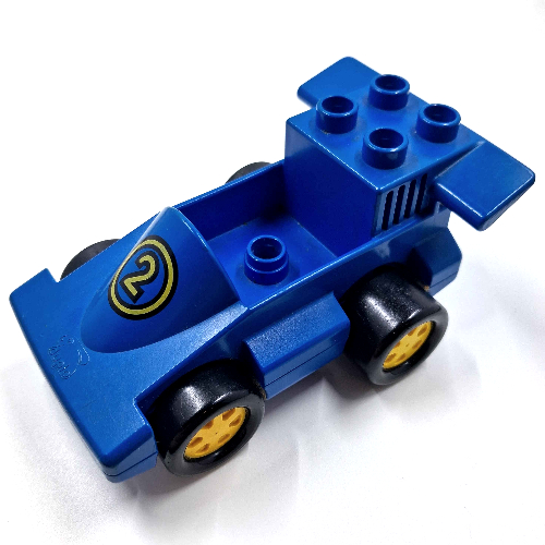 Duplo Car Formula One with One Stud in Cab, Blue Bottom and Yellow Number 2 Print Blau