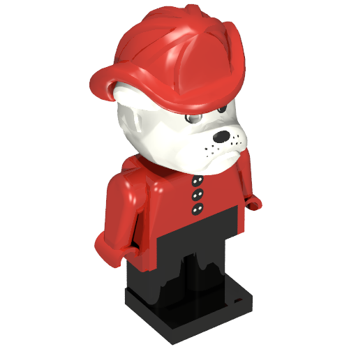 Fabuland Figure Barty Bulldog with White Head, Red Torso with Black Buttons, Red Arms and Hands, Black Legs and Red Fireman Helmet Red