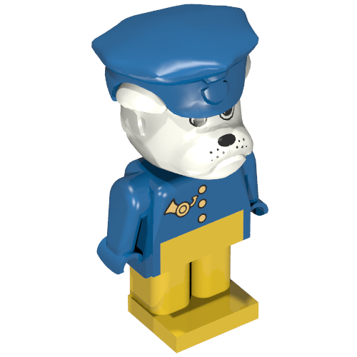 Fabuland Figure Boris Bulldog with White Head, Gold Buttons, Blue Arms and Hands, Yellow Legs and Blue Postman Hat Blue