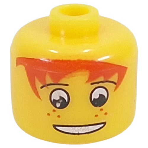 Pen Bead, Round Large, Curved Edges / Cylinder with Minifig Head with Red Hair, White Eyes, Freckles Print Yellow