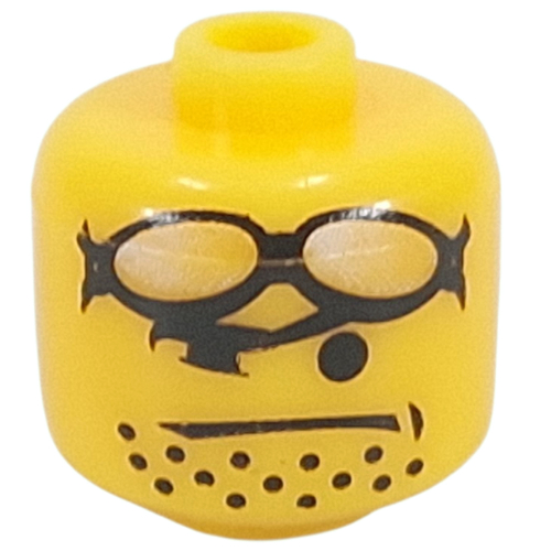 Pen Bead, Round Large, Curved Edges / Cylinder with Minifig Head with Black Glasses, Stubbles print Gelb