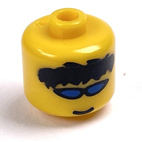Pen Bead, Round Large, Curved Edges / Cylinder with Minifig Head with Sunglasses, Black Hair Print Gelb