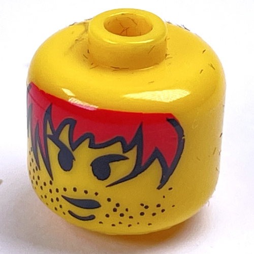 Pen Bead, Round Large, Curved Edges / Cylinder with Minifig Head with Red Hair Print Gelb