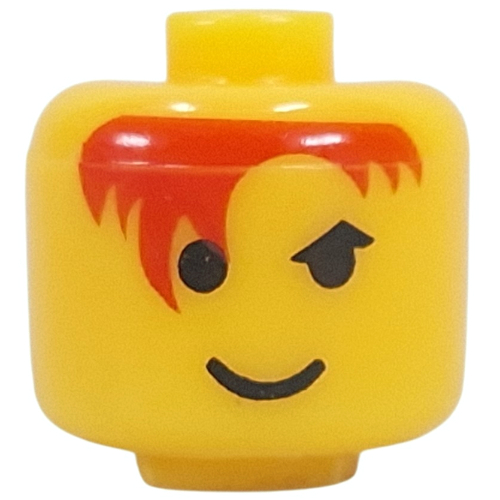 Pen Bead, Round Large, Curved Edges / Cylinder with Minifig Head with Red Hair Print Yellow