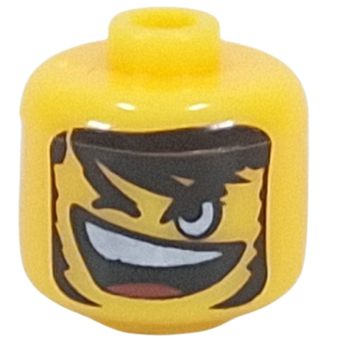 Pen Bead, Round Large, Curved Edges / Cylinder with Minifig Head with Long Black Hair, Beard, Open Mouth, Wink print Gelb