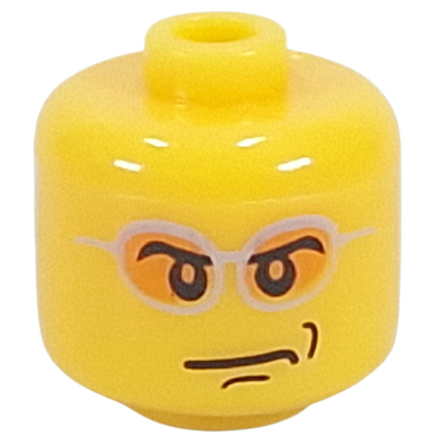 Pen Bead, Round Large, Curved Edges / Cylinder with Minifig Head with Silver Glasses, Orange Lenses print Yellow
