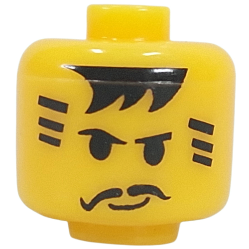 Pen Bead, Round Large, Curved Edges / Cylinder with Minifig Head with Black Hair, Stripes, Moustache print Gelb