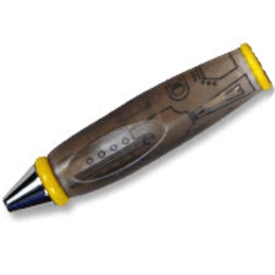 Pen Body, with Chrome Tip, Yellow Ends, Black Mechanical Lines Print Trans-Brown