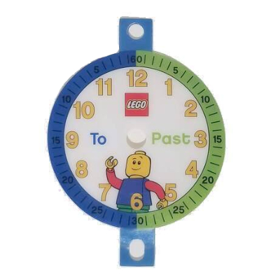 Clock Face, Time-Teacher, Plastic with LEGO Logo and Minifigure with 'To' and 'Past' Text [No Color/Any Color]