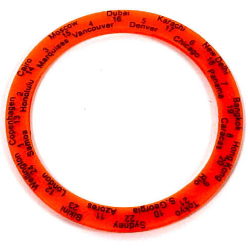 Watch, Bezel Round, Smooth, Thick with World Clock, Black Numbers and Cities Print Transparent-Neonorange