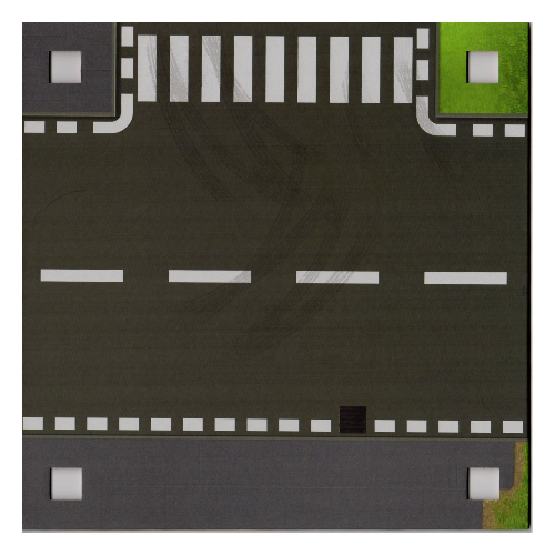 Baseplate with 4 Square Corner Holes and T-Intersection / Curved Road with Dust (Dirt) Marks Print [No Color/Any Color]