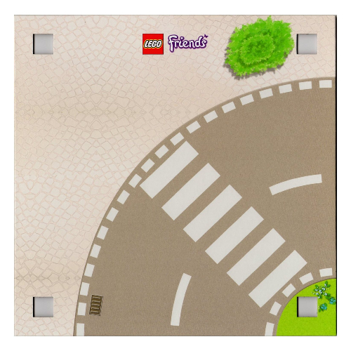Baseplate with 4 Square Corner Holes and Curved Road with Crosswalk / Garden With Tiled Area Print [No Color/Any Color]