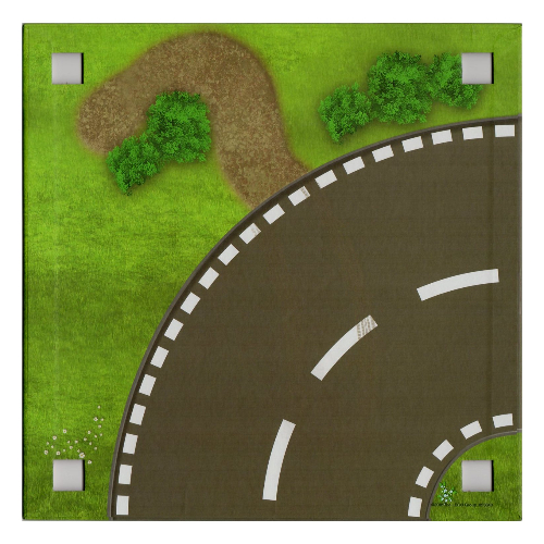 Baseplate with 4 Square Corner Holes and Curved Road / Straight Road Print [No Color/Any Color]