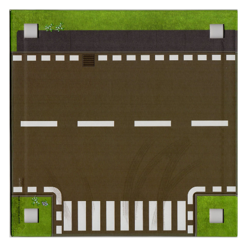 Baseplate with 4 Square Corner Holes and Curved Road / T Intersection Print [No Color/Any Color]